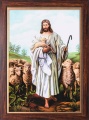Obraz religijny Dobry Pasterz - rama drewniana ze złotym paskiem