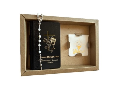 Zestaw komunijny - biały/czarny różaniec w etui i modlitewnik