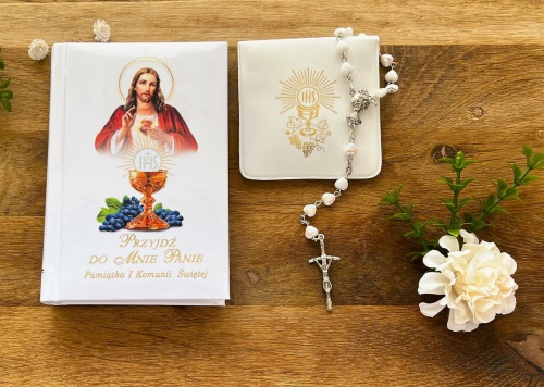 Zestaw komunijny - różaniec serduszka, etui i modlitewnik