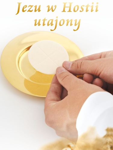 Baner na Boże Ciało "Jezu w Hostii..." biały 75x100 cm