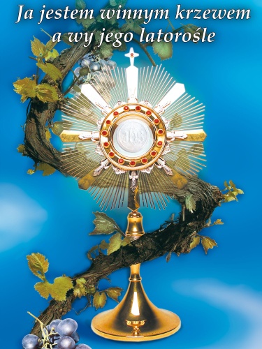 Baner na Boże Ciało "Ja jestem winnym krzewem..." niebieski 75x100 cm