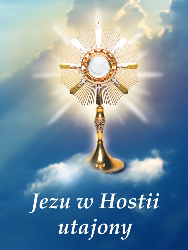Baner na Boże Ciało "Jezu w Hostii utajony" błękitny 75x100 cm