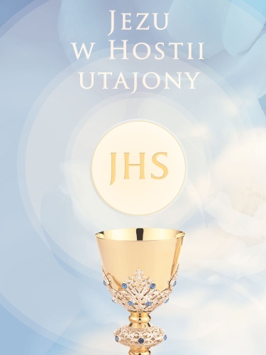 Baner na Boże Ciało "Jezu w Hostii..." błękitny 75x100 cm