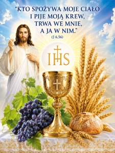 Baner na Boże Ciało "Kto spożywa moje ciało..." 75x100 cm