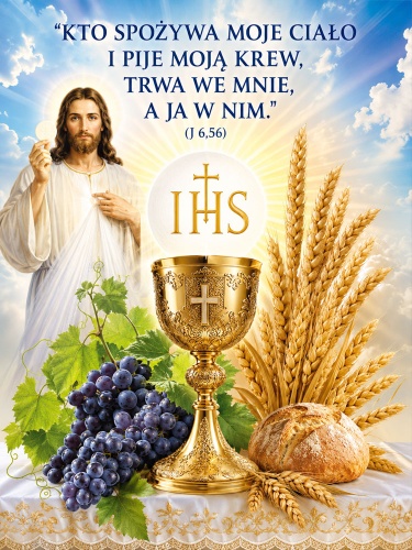 Baner na Boże Ciało "Kto spożywa moje ciało..." 75x100 cm