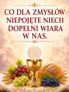 Baner na Boże Ciało "Co dla zmysłów niepojęte niech dopełni wiara w nas" 75x100 cm
