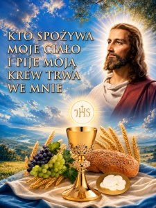 Baner na Boże Ciało "Kto spożywa moje ciało" 75x100 cm