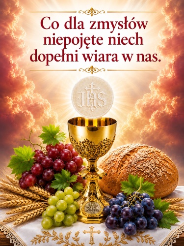 Baner na Boże Ciało "Co dla zmysłów niepojęte niech dopełni wiara w nas" 75x100 cm