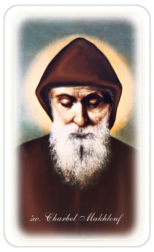 Obrazki święte z modlitwą do Świętgo Charbela Makhlouf.