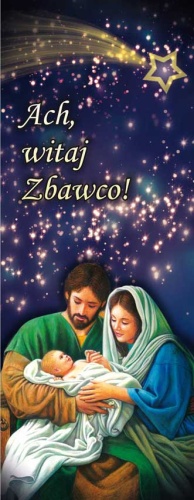 Baner na Boże Narodzenie, "Ach Witaj Zbawco" ciemny granat ze złotą gwiazdą 