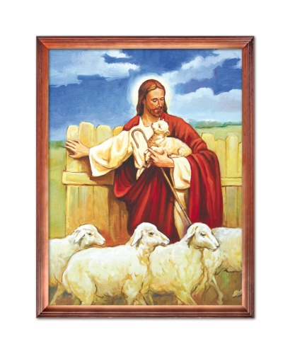 Obraz religijny Jezus Chrystus Dobry Pasterz z barankami w drewnianej ramie