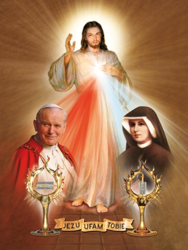 Plakat Religijny wzór 131. Jezus Miłosierny, siostra Faustyna i Jan Paweł II