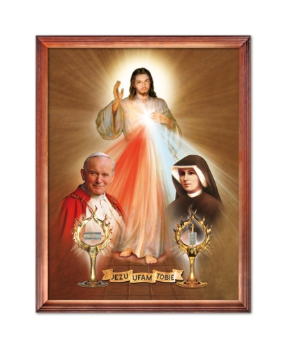 Obraz religijny Jezus Miłosierny, Papież Święty Jan Paweł II i Święta Siostra Faustyna relikwia w drewnianej ramie
