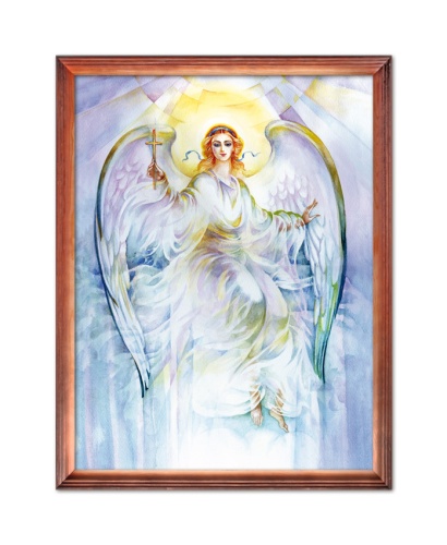 Rysunek religijny dla dzieci Anioł Stróż w drewnianej ramie