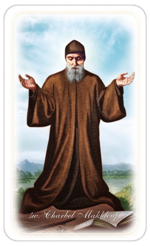 Obrazki święte z modlitwą do Świętgo Charbela Makhlouf.